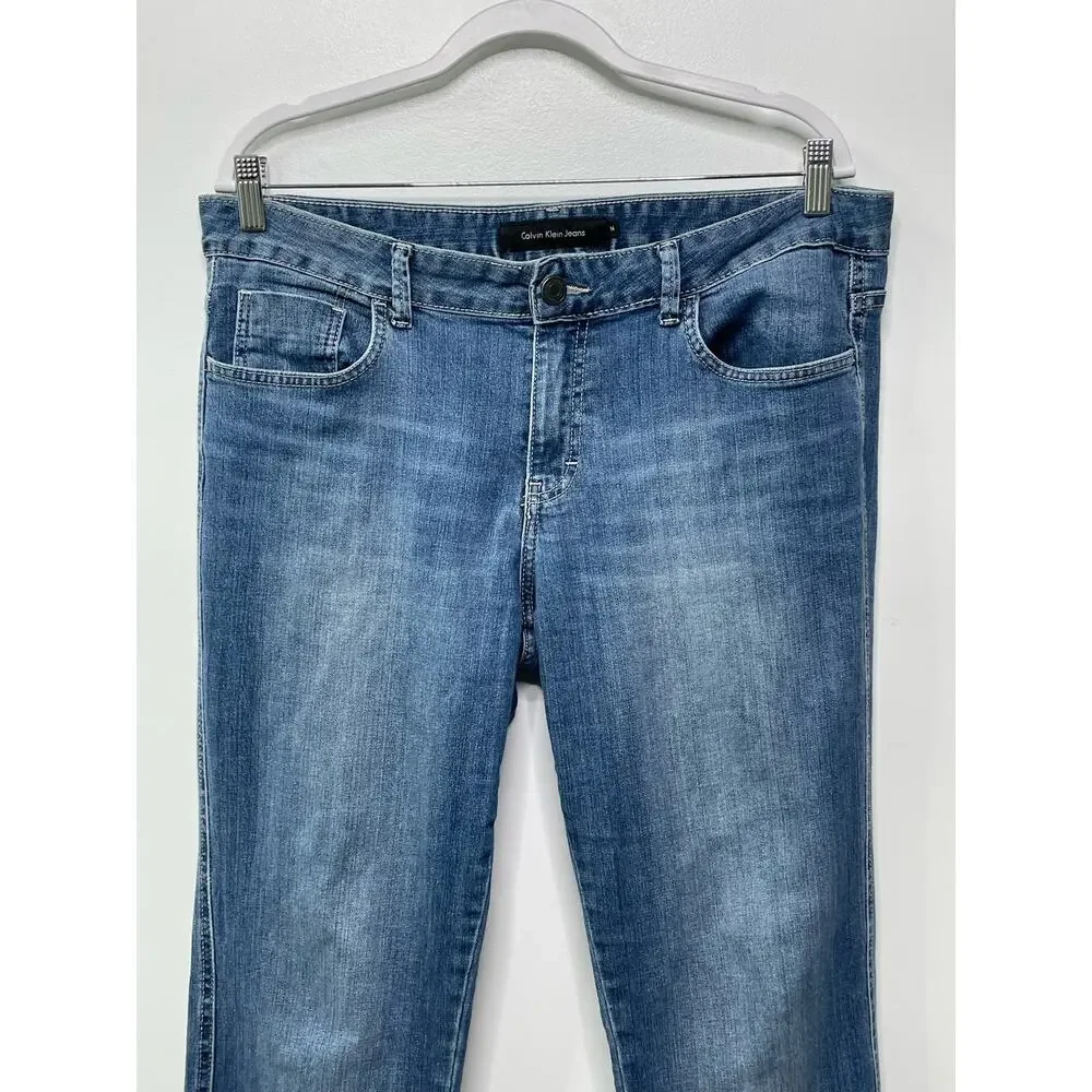 Calvin Klein‎ Whiskered Bootcut Jeans Mid Rise Denim Medium Wash Blue Womens 14